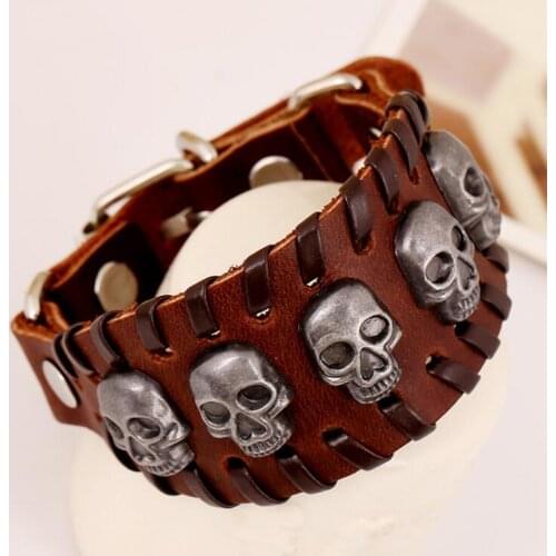 Punk Gothic Skull Braided Wide Leather Cuff Bracelet Skeleton Charm Bangle Belt For Men Biker Wristbands Fashion Vintage Jewelry