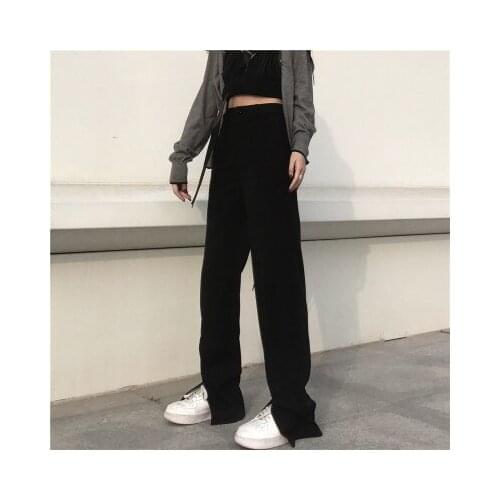 Spring 2021 new style front-split wide-legged suit trousers women loose high-waisted vertical vertical feeling drag casual trous