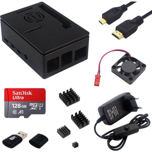 Raspberry Pi 4B ABS Case Black Shell Easy to Install Support Power Adapter Cooling Fan Heatsink Video Cable SD Card for RPi 4