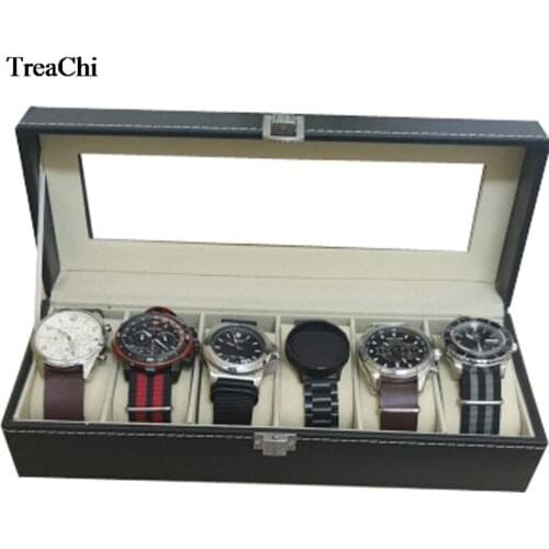 6 Slots Black PU Wrist Watch Jewelry Display Storage Organizer Case Glass Cover Mechanical Mens Watches Travel Holder Gift Box
