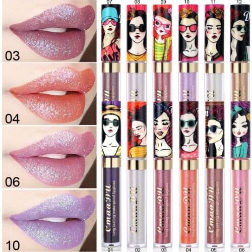 Cmaadu lip makeup flash shimmer lip gloss 12 color glitter lipstick waterproof long lasting diamond gold silver lip tint HF061