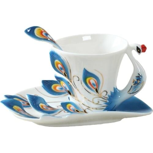 Hot sale Colourful Peacock Coffee Cup Ceramic Porcelain Enamel Cups and Mugs Wedding Birthday Gift Creative Cup 175ml