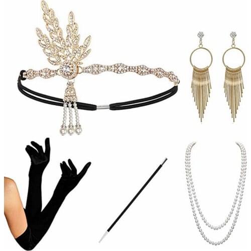 5Pcs/set Women 1920S Headband The Great Gatsby Cosplay Stage Performance Retro Feather Headband Necklace Earring Accessories Set