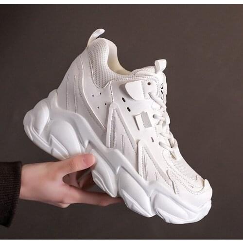 Spring Womens Casual Sports 9CM High Platform Shoes All-match Comfortable Womens Chunky Sneakers Mesh Breathable White Shoes