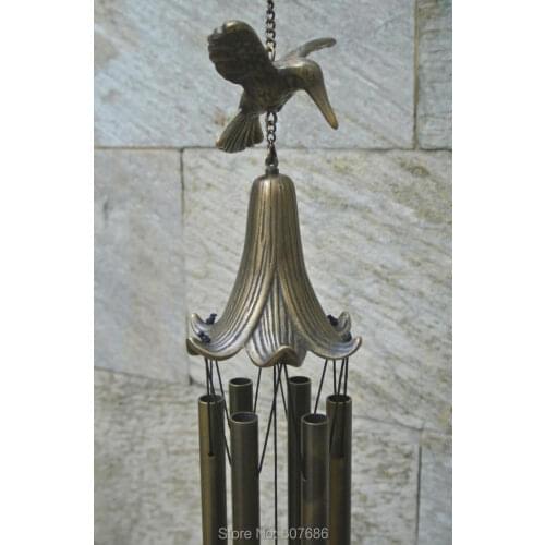 Cast Brass Wind Chimes Hummingbird Lyli Sounding Bird Metal Hanging Windchime Bells with 6 Pipes Bronze Patio Courtyard Garden