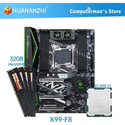 HUANANZHI X99 F8 X99 Motherboard combo kit set CPU Intel XEON E5 2680 V4 Memory 4*8G DDR4 NON-ECC 2400 memory M.2 NVME USB ATX