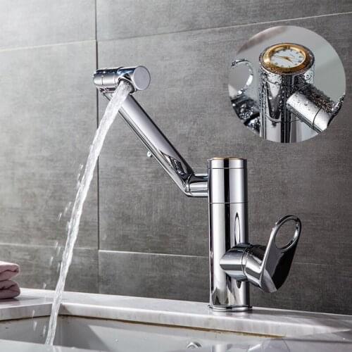 Copper 360 Degree Rotating Faucet with Watch Hot and Cold Basin Mixing Faucet Deck Mounted Single Hole Bath Tap Sink Faucets