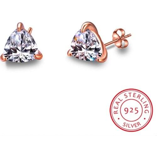 Cute Female Small Triangle Stud Earrings Crystal Lab Diamond Sapphire Earrings 925 Sterling Silver Rose Gold Earrings For Women