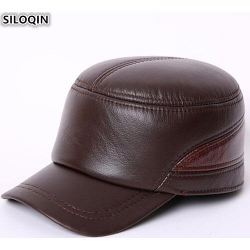 SILOQIN Adjustable Size Mens Warm Genuine Leather Hat With Ears New Autumn Winter Army Military Hats Cowhide Flat Caps For Men