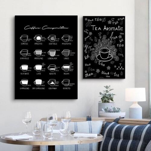 Coffee Menu Wall Canvas Painting Black White Quote Art Picture Fashion Teahouse Print And Poster For Living Room Decor HD2982