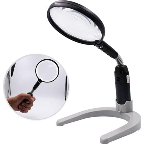 2X 4X Desktop Magnifying Glass LED Illuminated Desk lamp magnifier with stand Also can be used as a hand loupe