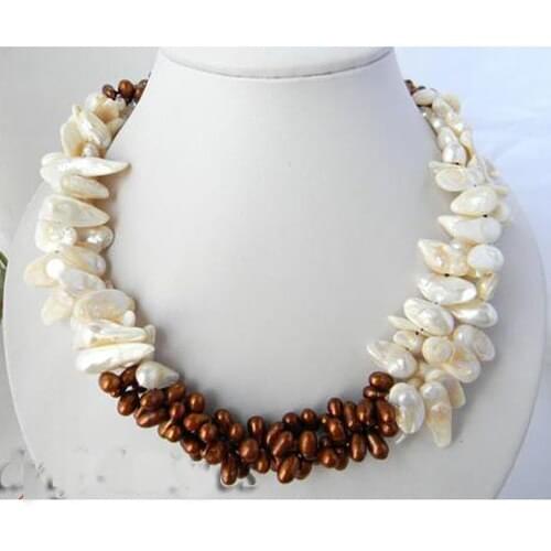 Handmade Real Pearl Jewellery,3 Rows Coffee White Color Freshwater Pearl Necklace,Magnet Clasp,New Free Shipping