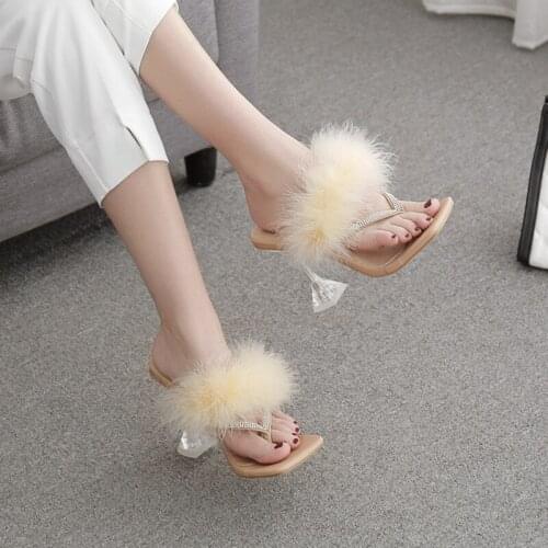 High-heeled Sandals Women Furry Slides Fashion Square Toe Transparent Perspex Heels Rhinestone Flip Flops Breathable Slip-on