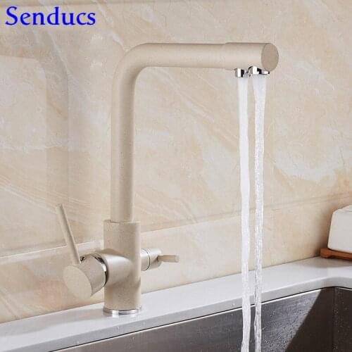 Senducs Brass Filter Kitchen Faucet Deck Mounted Hot Cold Purified Kitchen Sink Faucet Dual Handle Kitchen Mixer Tap