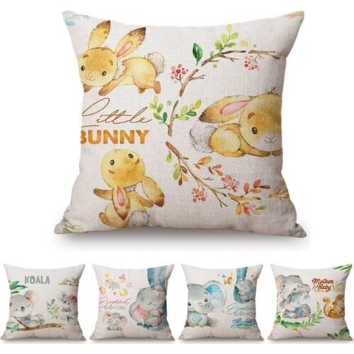 Cute baby Nursery Art Room Decoration Sofa Throw Pillow Case Watercolor Baby Elephant Bunny Kangaroo Kids' Gift Cushion Cover