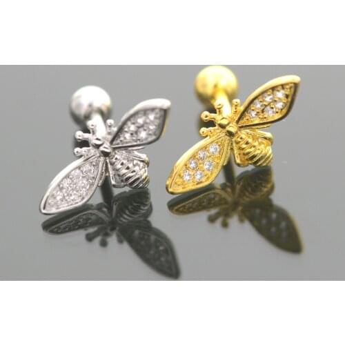 Starose 2Pcs 1.2x6mm Bar Lovely Crystal Bee Ear Stud Earrings Zircon Helix Piercing Tragus Conch Piercing Body Jewelry Ball Back