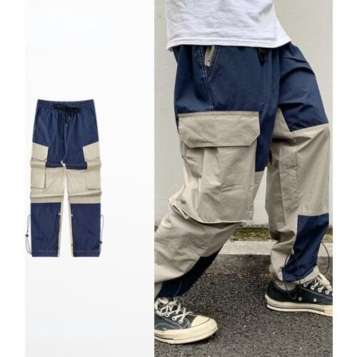 Japanese Two-color Stitching Cargo Pants Men Women Elastic Waist Loose Tie Feet Casual Harem Pants Multi-pocket Jogger Trousers