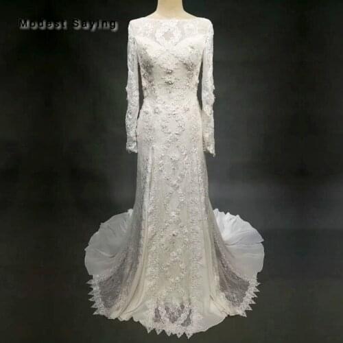 Vintage Mermaid Beaded Flowers Long Sleeves Lace Wedding Dress 2018 Backless New Fashion Ivory Church Bridal Gowns Custom Made