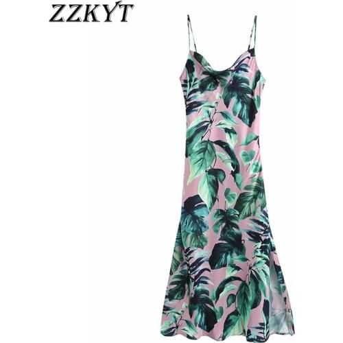 ZZKYT 2021 Women Summer Fashion Sexy Floral Print Split Midi Dress Vintage V Neck Sleeveless Backless Female Party Dresses Mujer