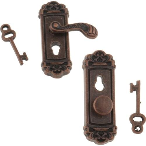 2 Pieces 1:12 Ancient Metal Door Knob with Key Set for Dollhouse Miniature Handle