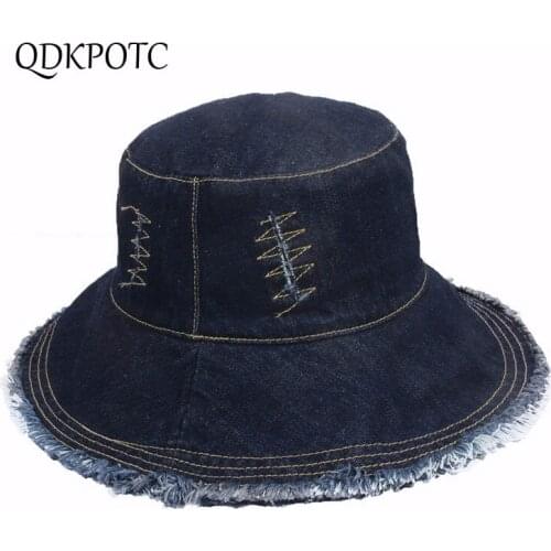 2021 Cap Summer Autumn New Women Denim Burrs Bucket Hats Fashion Retro Travel Big Eaves Sun Protection Shading Sun Hats QDKPOTC
