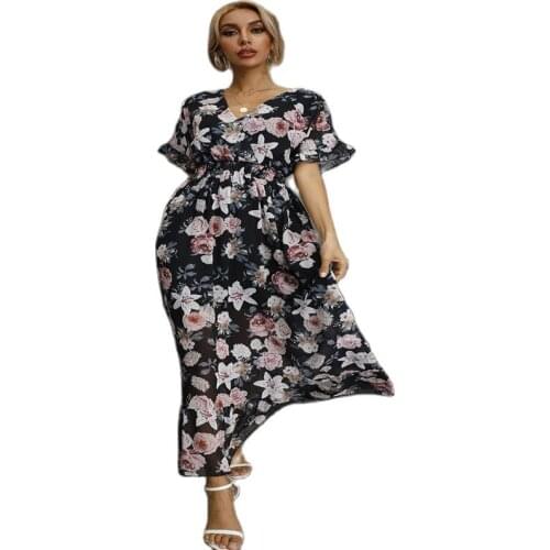 2021 High Quality Factory Price Autumn New Womens Sexy V-Neck Waist Printing Mid-Length Dress