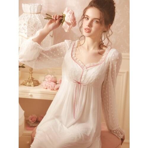 Free Shipping ROSE TREE New Vintage Royal Nightgowns Womens Long White Pijamas Girl Sleepwear Lace Sweet V-neck pijama feminino