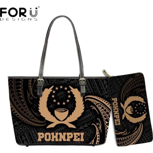 FORUDESIGNS Brand Designs Large Leather Women Handbag And Purse Set Polynesian Pohnpei Tribal Printed Clutch Wallets Totes Femme