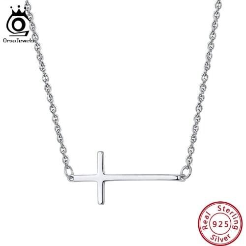ORSA JEWELS 100% 925 Sterling Silver Cross Necklace Women Clavicle Chain Fashion Party Birthday Long Necklaces Jewelry SN110