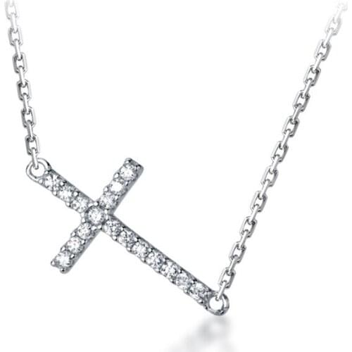 MloveAcc Authentic 925 Sterling Silver Dainty Stunning Mini CZ Cross Sideway Tiny Thin Chain Women Ladies Cross Simple Necklace