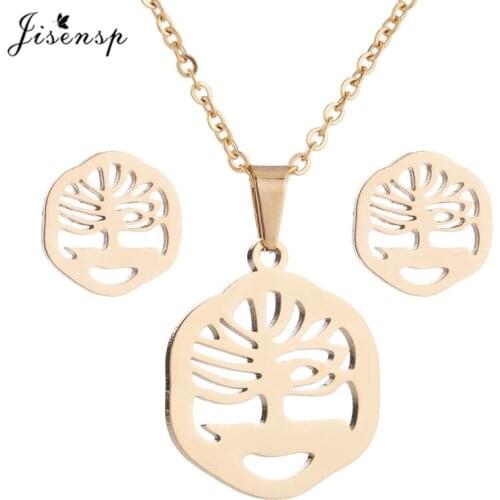 Jisensp Stainless Steel Jewelry Sets Simple Ancient Trees Long Chain Necklace Earrings Fashion Jewelry for Women Party Gift