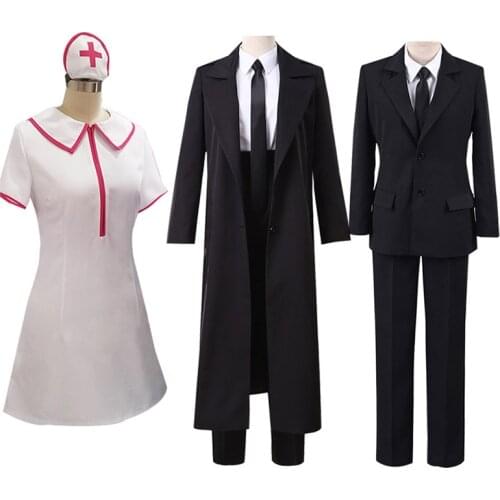 Anime Comic Chainsaw Man Costumes Makima Cosplay Nurse Uniform Dress Black Suit Trench Coats Halloween Costume Unisex Full Set