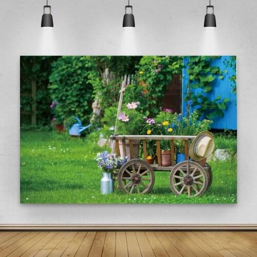 Laeacco Spring Garden Green Grass Lawn Wooden Trolley Flowers Scenic Photographic Background Photo Backdrop For Photo Studio