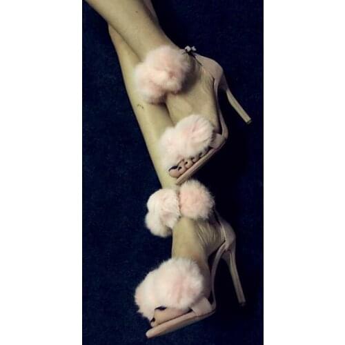 Linamong Girls Pink Plush Fur Summer Sandals Women Pom Pom Open Toe Back Zipper Ankle Strap Stiletto High Heel Party Dress Shoes