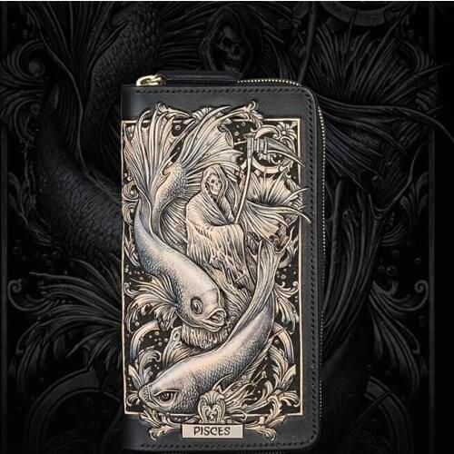 Handmade Genuine Leather Pisces Wallets Cartoon Constellation Purses Men Long Clutch Vegetable Tanned Leather Card Holder