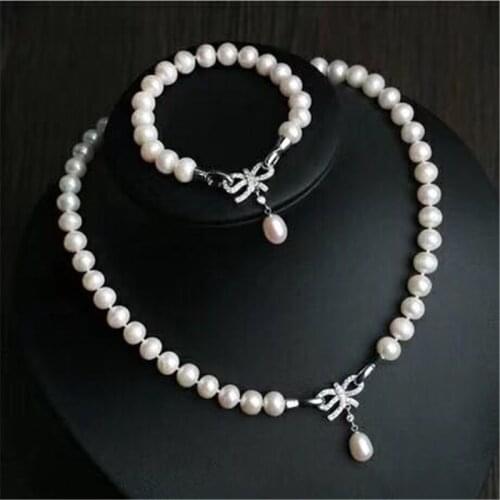 Natural freshwater cultured white pearls 8-9 mm necklace19inches bracelet 8 inches sets Good quality The butterfly clasp