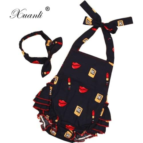 Baby Girl Clothes Cute Lipstick pattern Ruffled Romper & Headband 2pcs Baby Jumpsuit Toddler Newborn Outfits Set 0-3 years Age