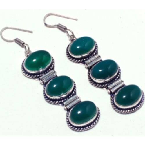 Genuine Green Onyx Silver Overlay on Copper Earrings , Hand made Women Jewelry Gift, E5206