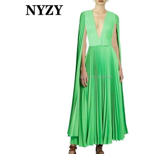 NYZY M300 Chic Pleats Chiffon Dress Party Prom Formal Evening Gown Sexy Open Bust Cape Sleeves Mother of the Bride Dresses 2020