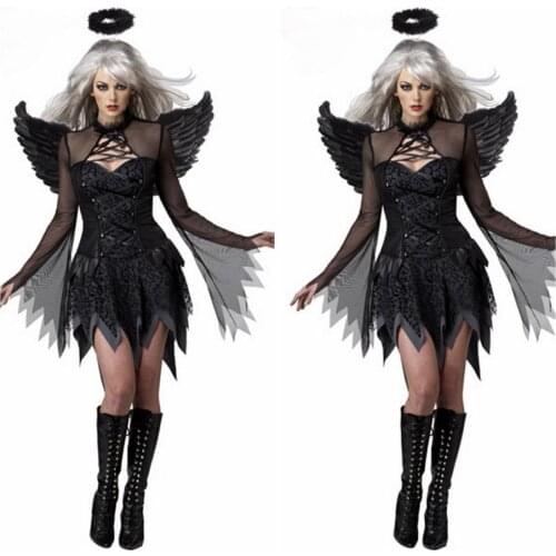 Loose-Fit M-XXL New Fashion Dark Angel Dress With Wings Sexy Halloween Costume For Women Cosplay Devil Lenceria Sexy 4 PCS WL105