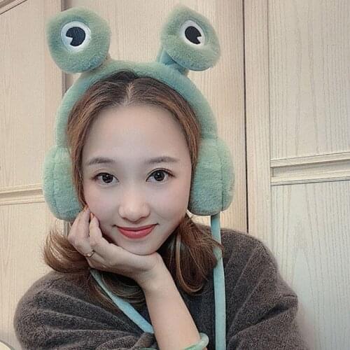 Adult Kids Parent-Child Winter Cartoon Earmuff with Moving Jumping Frog Eyes Funny Animal Plush Headband Cosplay Party Ear Warm