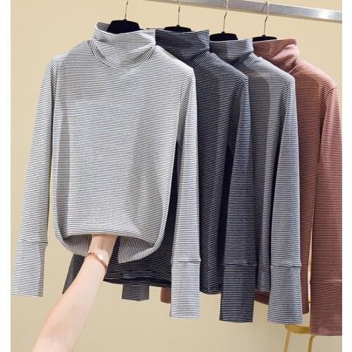 Gkfnmt 2020 Striped Long Sleeve Turtleneck Tshirt Women T Shirt Winter Warm Women T-Shirt Korean Clothes Vetement Femme