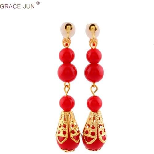 GRACE JUN Handmade Red Color Bead Long Style Clip on Earrings No Pierced for Women Bridesmaid Wedding Fashion Pierced Earrings