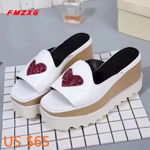 FMZXG Womens Wedges Slippers Platform Shoes Casual Sandles Fashion Flats Heart Shaped Spring/Autumn Genuine Leather Shoes Woman