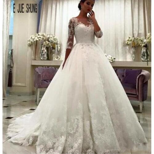 E JUE SHUNG Robe De Mariee Custom Made Lace Ball Gowns Bride Dresses 3/4 Long Sleeves Sheer Jewel Neck Wedding Dresses