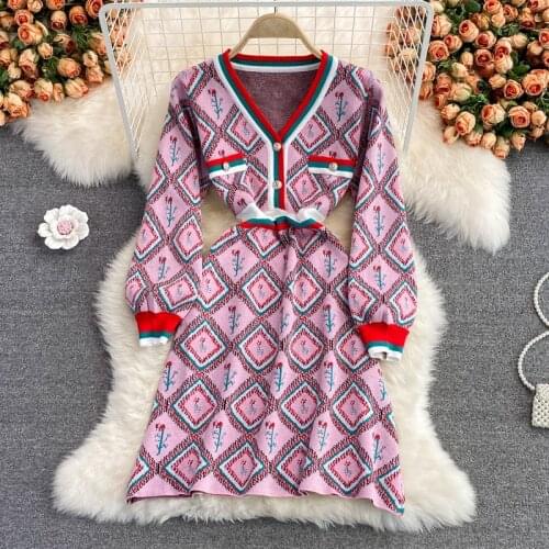 Autumn Winter Vintage Mini Party Dress Women V Neck Long Sleeve Geometric Pattern Knit Sweater Dress Casual Robe Femme Vestidos