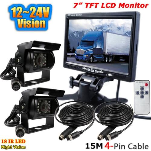12V-24V 7" LCD Monitor for RV Bus Truck Motorhome +2x 4Pin 18 LED Waterproof Reversing Rear View Cameras with 15M Cable