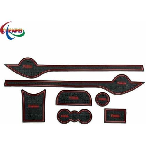 For Skoda Fabia 2012-2014 7pcs Interior Door Cup Holder Rubber Mats Red Line Car Interior Decoration Accessories