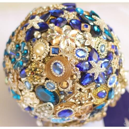 8-inch custom bridal bouquet,Midnight blue wedding bouquet, sapphire diamond brooch bouquet,Luxury bright blue + gold theme