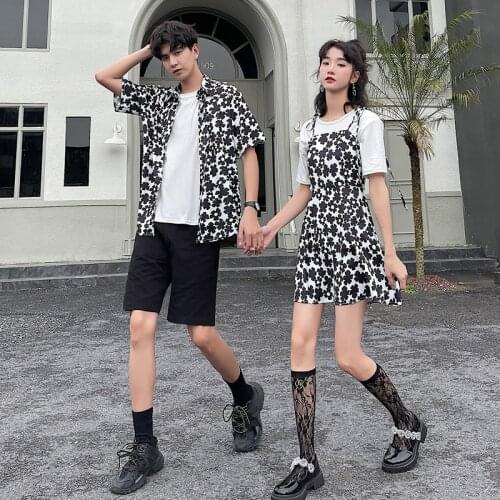 8232# summer couples new floral Korean version slimming waist dress couples clothes couples clothing